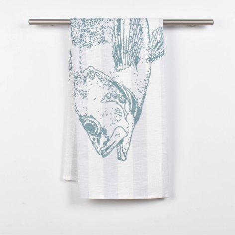 White cotton scarf with blue hand-drawn botanical illustration detail, draped over metal rod