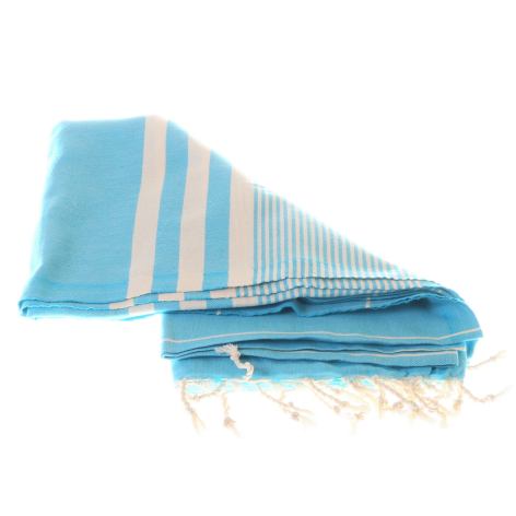 Turquoise and white striped cotton throw with tasseled fringe, folded and draped to show texture and pattern detail
