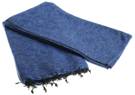 Navy blue linen scarf with frayed tasseled edges, displayed folded at an angle