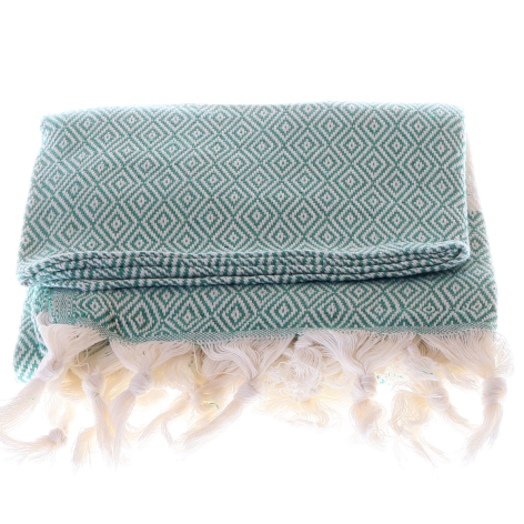 Sage green textile with woven pattern and cream fringe trim, folded display view