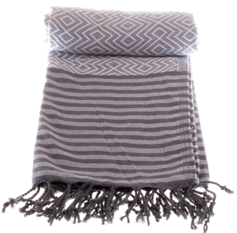 Folded grey striped cotton throw with geometric patterned band and knotted fringe ends, front view