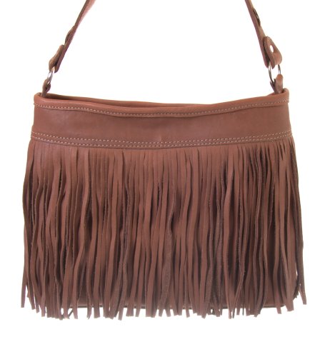 Tan leather shoulder bag with long fringe detailing across front, dual handles, front view