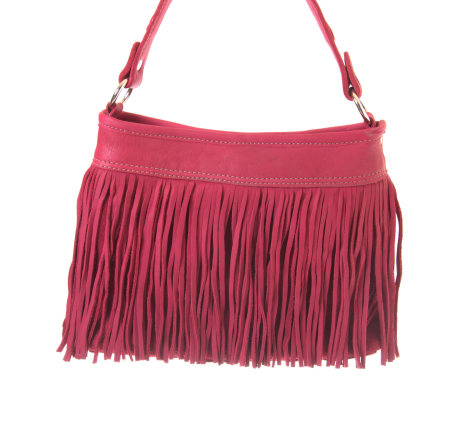 Pink leather shoulder bag with long fringe detail across front and dual shoulder straps, front view