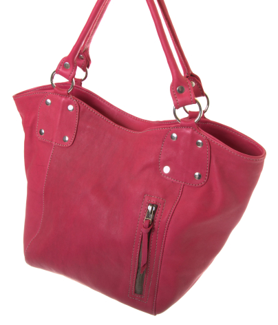 Magenta wool felt tote bag with dual handles and side zip pocket, front view