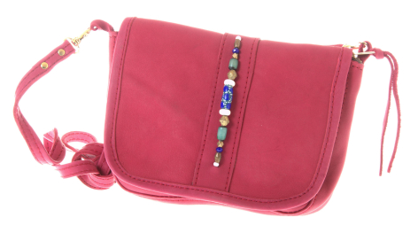 Bright pink leather shoulder bag with front flap pocket and adjustable woven strap, angled three-quarter view