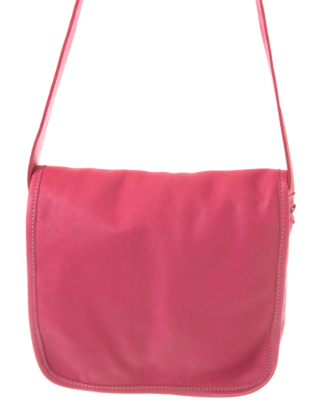 Pink leather crossbody bag with rounded bottom and adjustable shoulder straps, front view