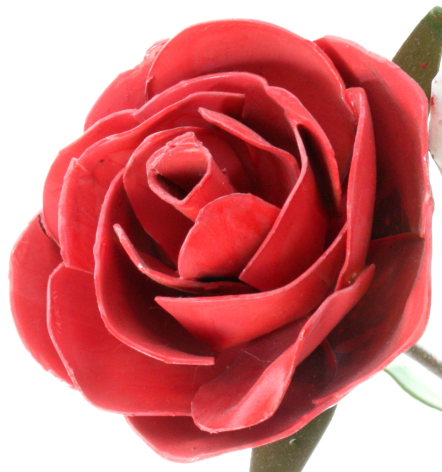 Red silk rose brooch with layered petals, top view showing full bloom detail