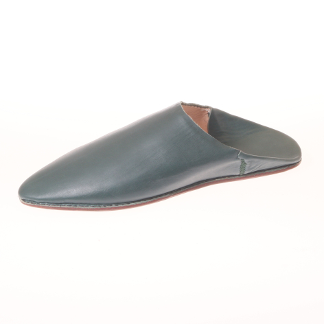 Grey leather babouche slipper with pointed toe and rust-colored triangular accent detail on heel, side view