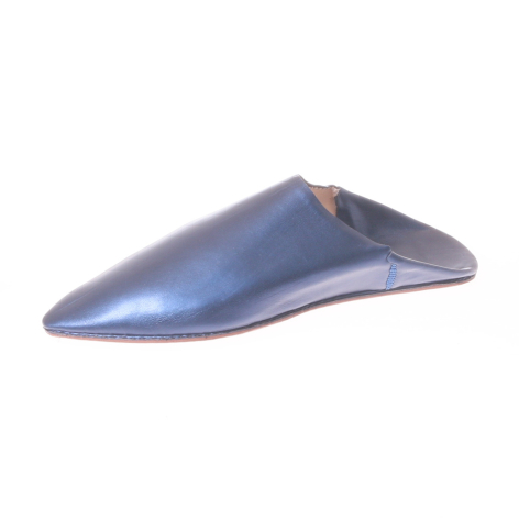 Blue leather babouche slipper with pointed toe, displayed from side angle against white background