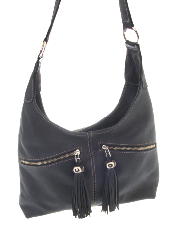 Black leather hobo bag with front zip pockets and tassel details, angled three-quarter view