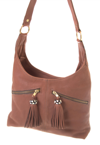 Brown leather shoulder bag with dual tassel accents and gold hardware, front view