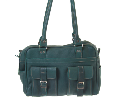 Dark teal leather shoulder bag with dual handles and front patch pockets, displayed front view