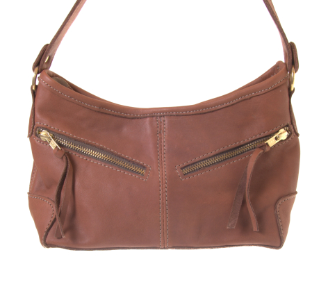 Rust-brown leather shoulder bag with dual front zip pockets and adjustable straps, front view