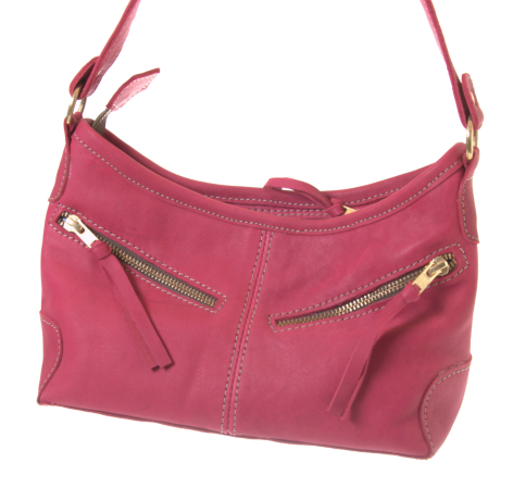 Pink leather shoulder bag with dual front zip pockets and adjustable straps, front view