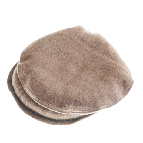 Beige linen flat cap with rounded crown, displayed from front angle view